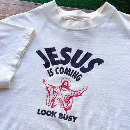Jesus is Coming Look Busy Printing Vintage Style Unisex White Short Sleeve Tops Tees Summer Pure Cotton Christian's T shirts