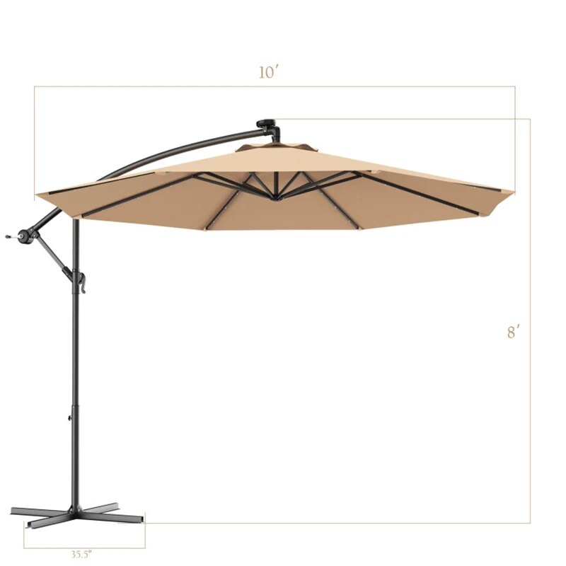 10 Feet Patio Hanging Solar LED Umbrella Sun Shade with Cross Base Beach Outdoor Umbrellas