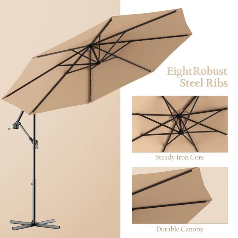 10 Feet Patio Hanging Solar LED Umbrella Sun Shade with Cross Base Beach Outdoor Umbrellas