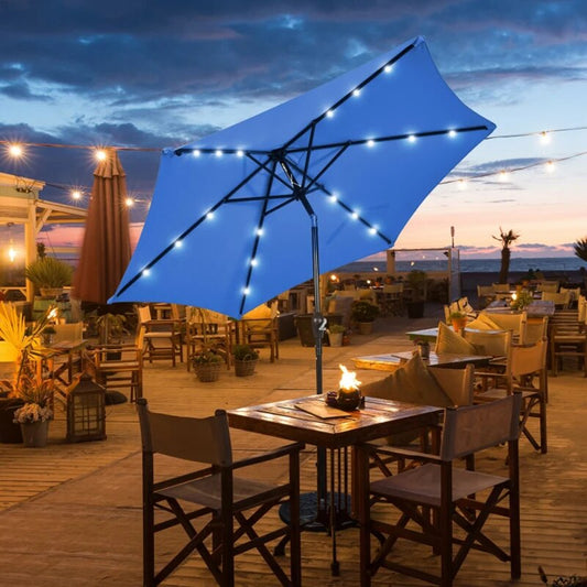 9 Feet Solar LED Lighted Patio Market Umbrella Tilt Adjustment Crank Lift Beach Outdoor Furniture