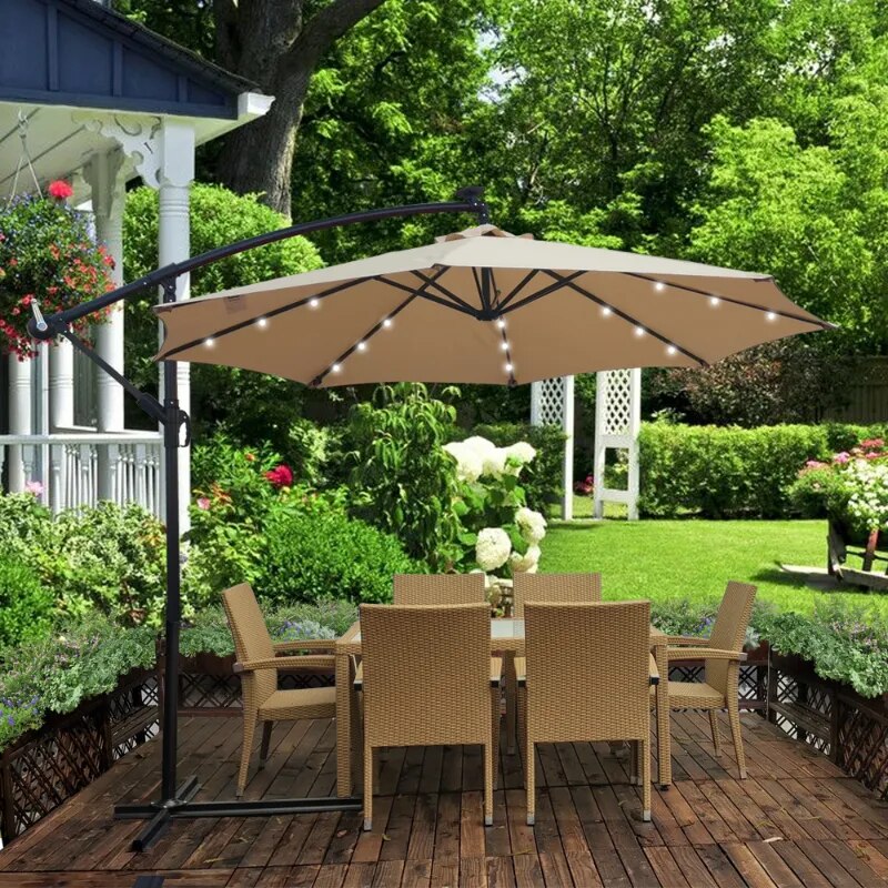 10 ft Outdoor Patio Umbrella Awnings Solar Powered LED Lighted Sun Shade Umbrella Waterproof Garden Deck Backyard Pool Awnings