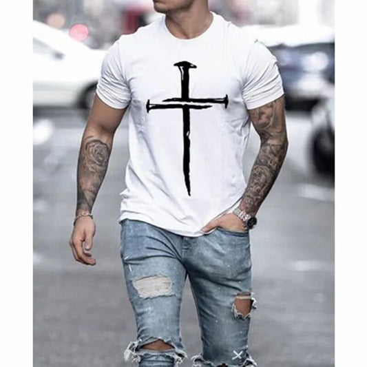Summer 2022 New Men's Jesus Christ Cross 3D-printed T-shirt with short sleeves, oversized round neck, oversized street style