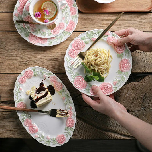 Light Luxury Ceramic Plate Creative Afternoon Tea Cup and Saucer Set Desktop Rose Relief Spaghetti Plates Kitchen Tableware