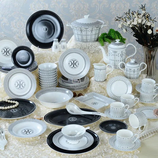 European luxury 69 head ceramic Western tableware bone china tableware set plate bowl spoon coffee set