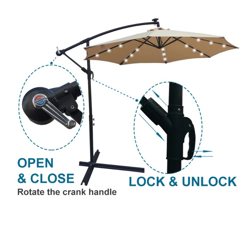 10 ft Outdoor Patio Umbrella Awnings Solar Powered LED Lighted Sun Shade Umbrella Waterproof Garden Deck Backyard Pool Awnings
