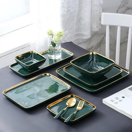 Modern Luxury Dark Green Ceramic Dinner Plate Dinner Cooking Dishes Home Golden Border Porcelain Steak Pasta Plate Tableware Set