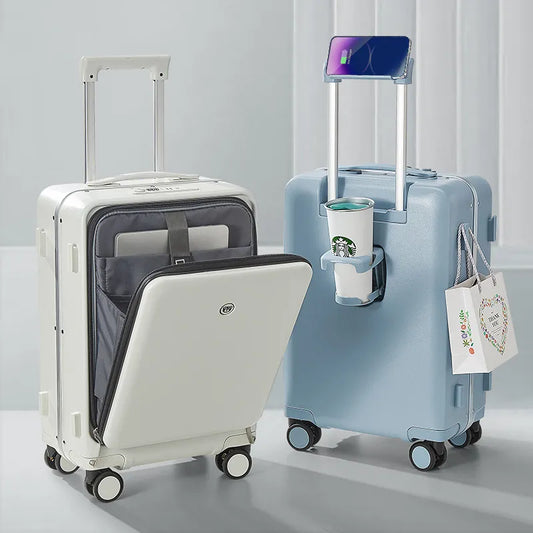 Carry-on Luggage with Wheels Front Opening Rolling Luggage Password Travel Suitcase Bag Fashion USB Interface Trolley Luggage