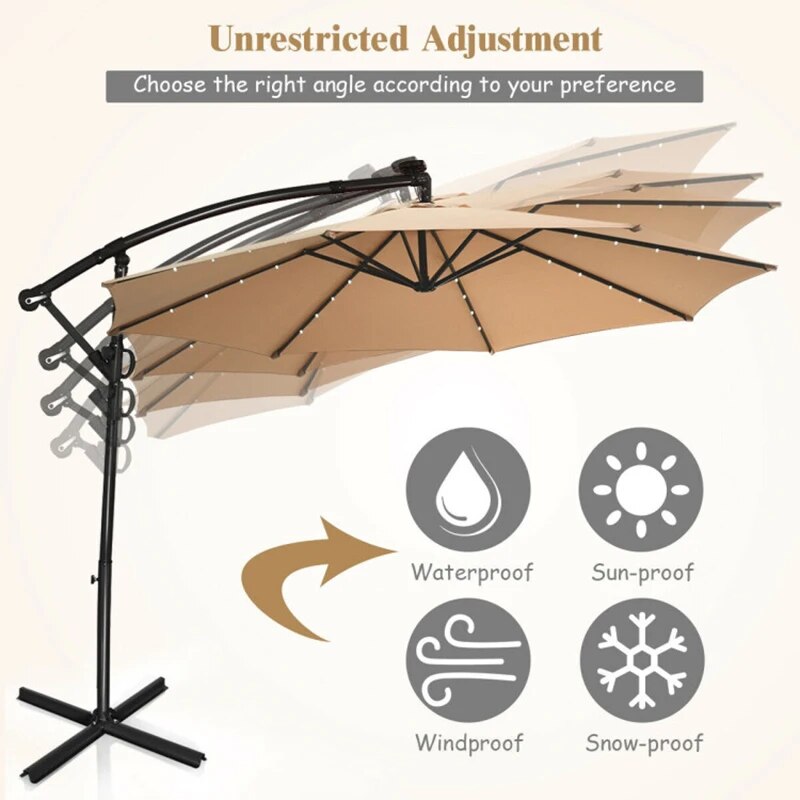 10 Feet 360° Rotation Solar Powered LED Patio Offset Umbrella Without Weight Base Outdoor Umbrellas